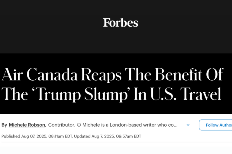 Forbes article title "air canada reaps the benefit of the 'trump slump' in US travel