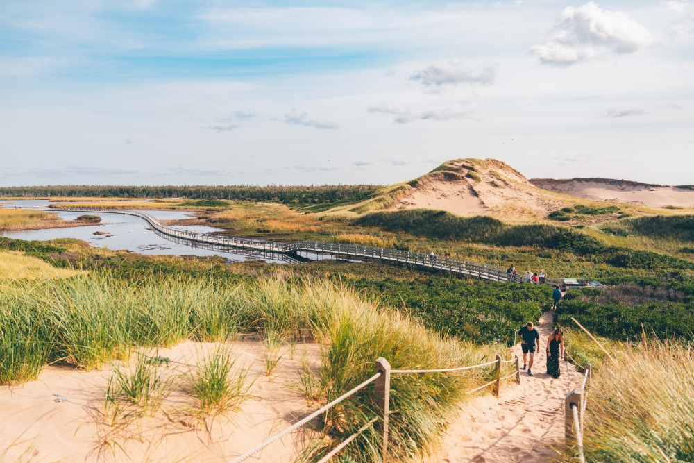 People hiking the Greenwich Dune Trail in Prince Edward Island Canada outside during the day in summer with the dunes and grassland and blue skies and clouds in the distance